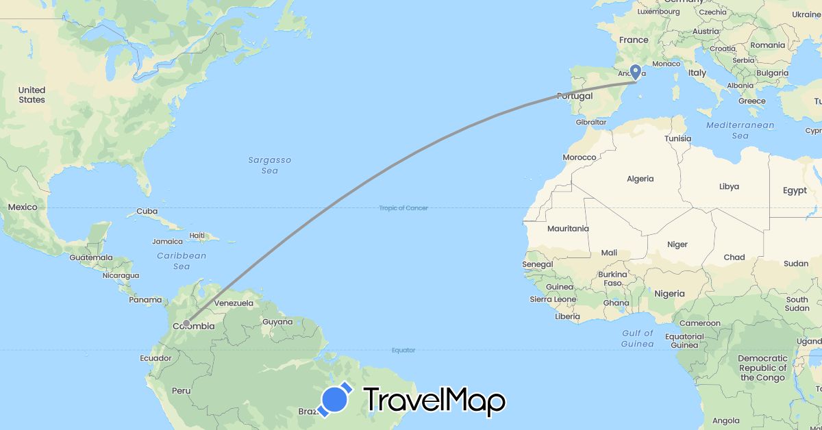 TravelMap itinerary: plane, cycling in Colombia, Spain (Europe, South America)